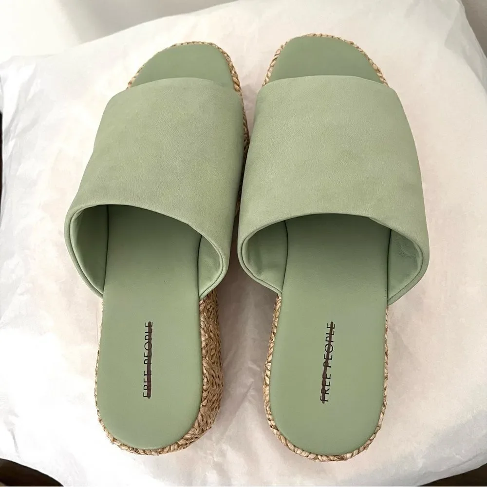 Free People Harbor Raffia Platform Wedge Platform Sandal Light Sage‎ Size 7 NIB